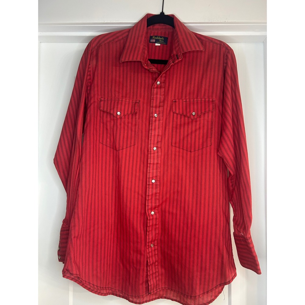 Ruddock Bros Mens Red Black Striped Western Pearl Snap Shirt Made in USA 15.5 33